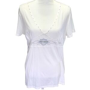 Harley Davidson Babydoll Tee Womens White Studded V Neck Empire Waist Meduim